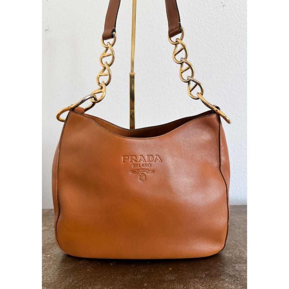 Prada Milano Leather Chain Hobo Shoulder Bag – Cognac Brown